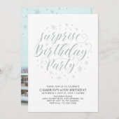 モダンシルバーサプライズ写真大人誕生日パーティー 招待状 (正面/裏面)