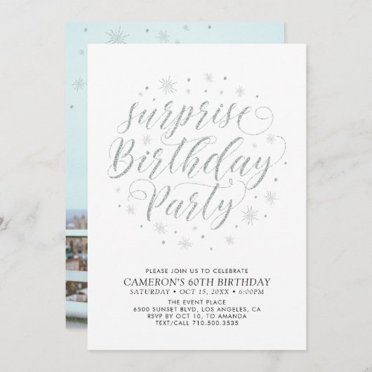 モダンシルバーサプライズ写真大人誕生日パーティー 招待状 (正面/裏面)