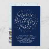 モダンシルバーサプライズ写真大人誕生日パーティー 招待状 (正面/裏面)