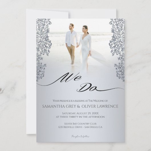 モダンシルバーダマスクフォト結婚式招待状 サンキューカード (正面)