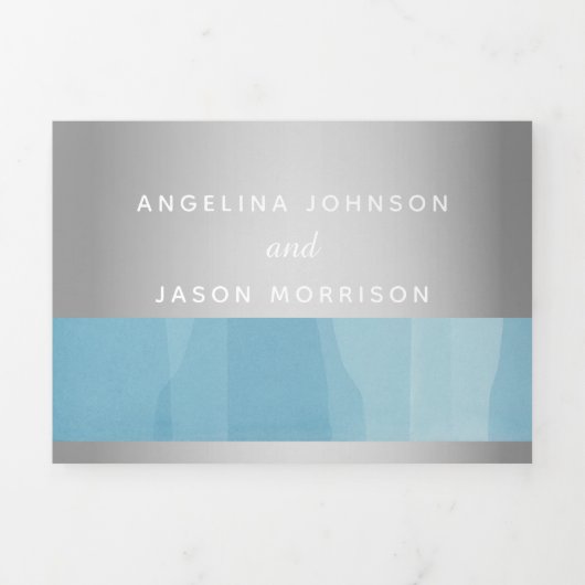 モダンシルバーブルータイポグラフィ結婚写真 三つ折り招待状 (カバー)