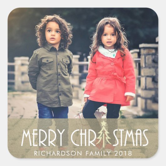 モダンシルバーメリークリスマスドードルホリデー写真 スクエアシール (正面)