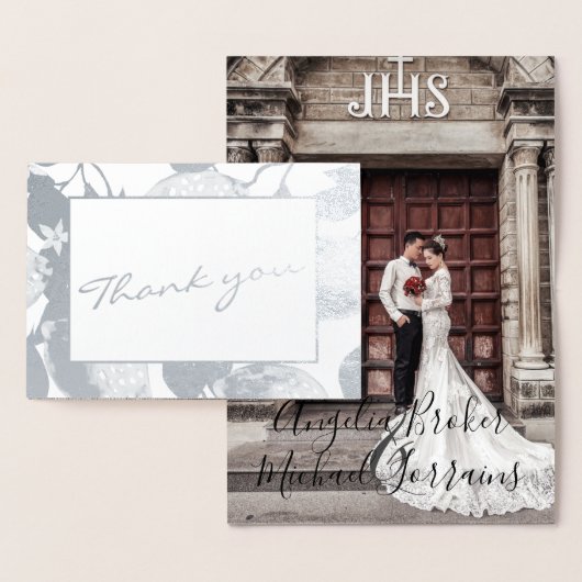 モダンシルバーレモン＆フォリアージュ ウェディング フォト リアル 箔カード (ディスプレー)