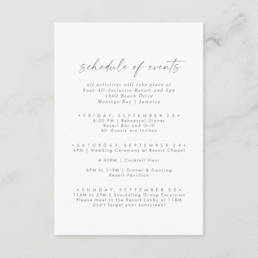 モダンシルバー結婚の週末のイベント日程 エンクロージャーカード (正面)