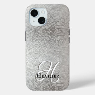 モダンシルバー フェイクレザーモノグラムイニシャルネーム iPhone 15ケース