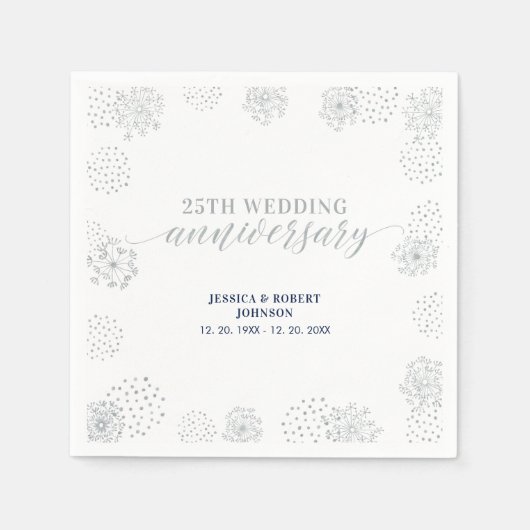 モダンシルバー 25周年結婚記念日パーティー スタンダードカクテルナプキン (正面)