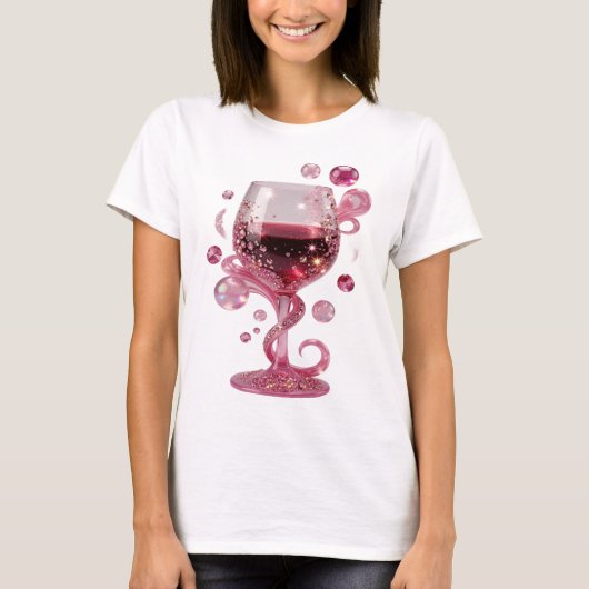 モダンシルバー PINK GLASS OF WINE プリント Tシャツ (正面)
