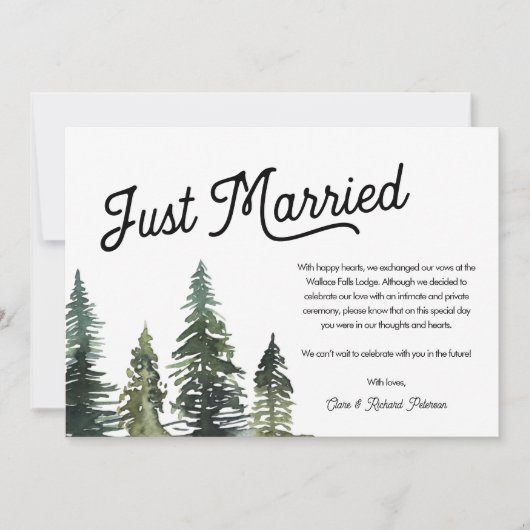 モダンシンプルたった今結婚しましたの駆け落ち告知 招待状 (正面)