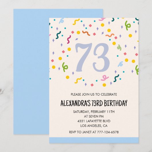 モダンシンプルなクラッカーの73歳の誕生日招待状 招待状 (正面/裏面)