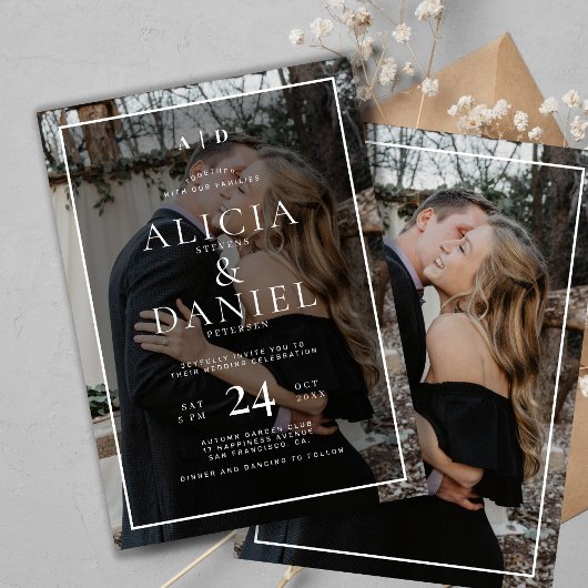 モダンシンプルなタイポグラフィの2枚の写真の結婚式 招待状