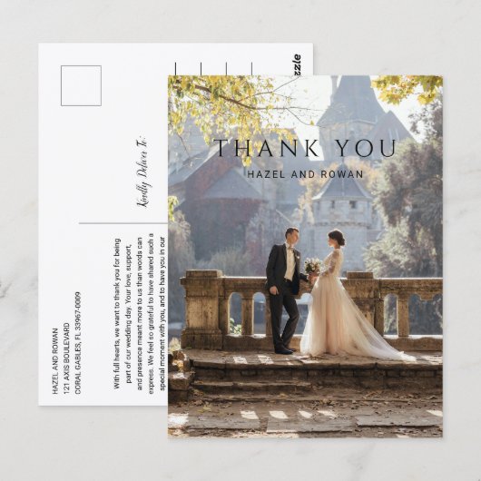モダンシンプルな写真の結婚式のお礼 ポストカード (正面/裏面)