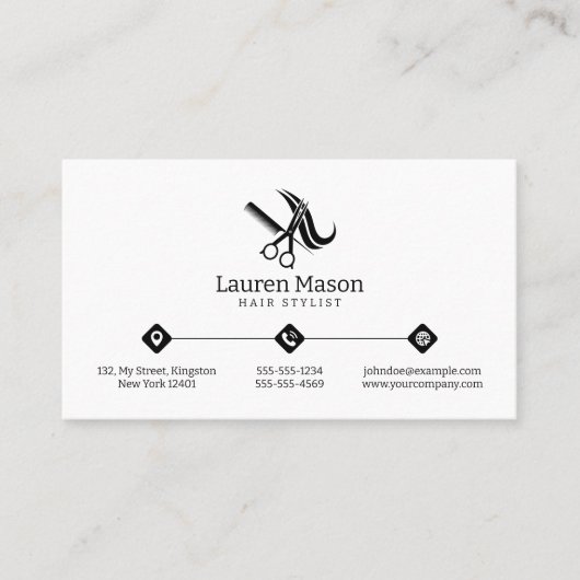 モダンシンプルな白と黒のヘアスタイリストサロン 名刺 (正面)