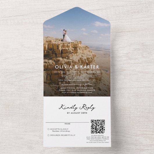 モダンシンプルはっきりしたロマン写真結婚のQRコード オールインワン招待状 (内側)