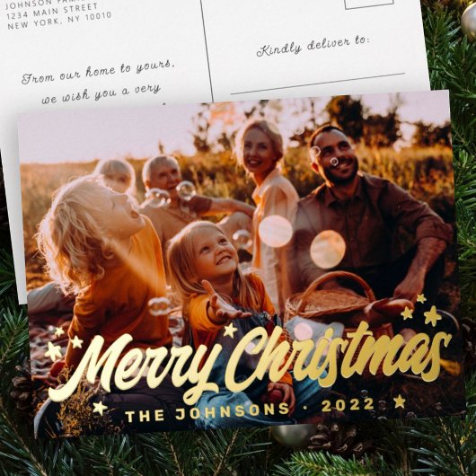 モダンシンプルよくはしゃぐGreetings Stars Family Photo 箔シーズンポストカード