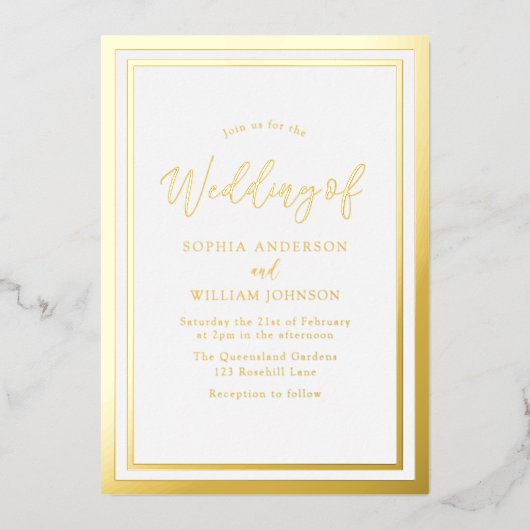 モダンシンプルエレガントゴールデン結婚フォイル 箔招待状 (正面)