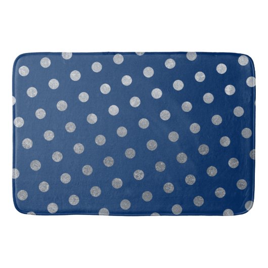 モダンシンプルエレガントネイビーブルーシルバー水玉模様 バスマット (正面)