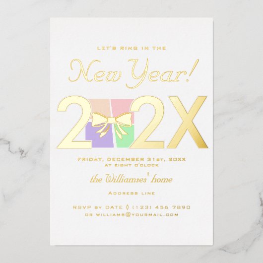 モダンシンプルエレガント大晦日ギフトボックス弓 箔招待状 (正面)