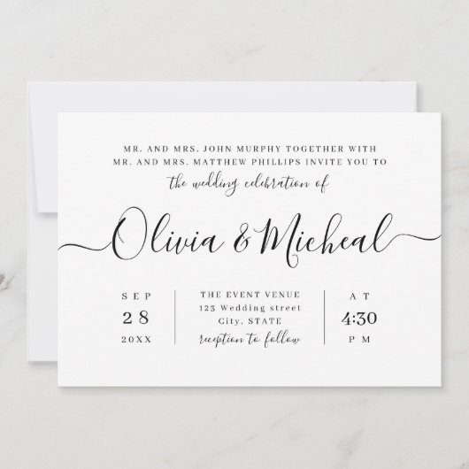 モダンシンプルエレガント結婚スクリプト 招待状 (正面)