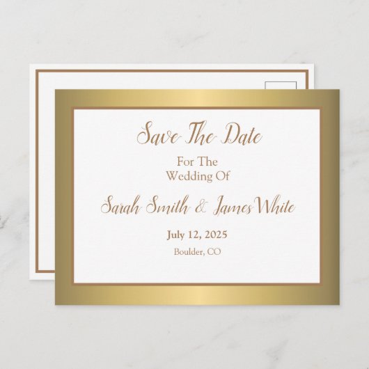 モダンシンプルエレガント金ゴールド結婚式の日付の保存 案内ポストカード (正面/裏面)