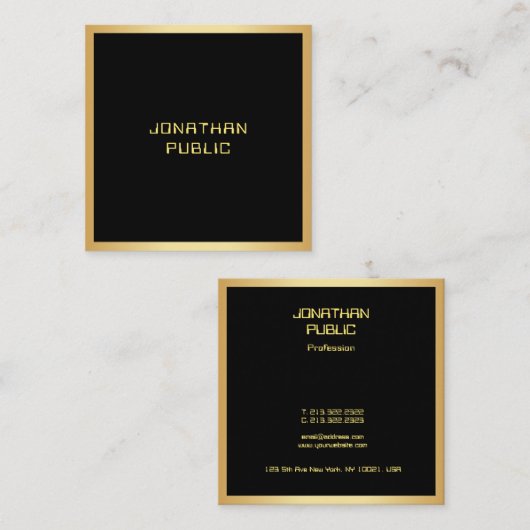 モダンシンプルエレガント黒と金ゴールドテンプレート スクエア名刺 (正面/裏面)