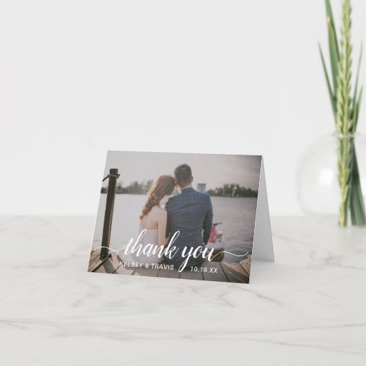 モダンシンプルエレガントScript Photo結婚's サンキューカード (正面)
