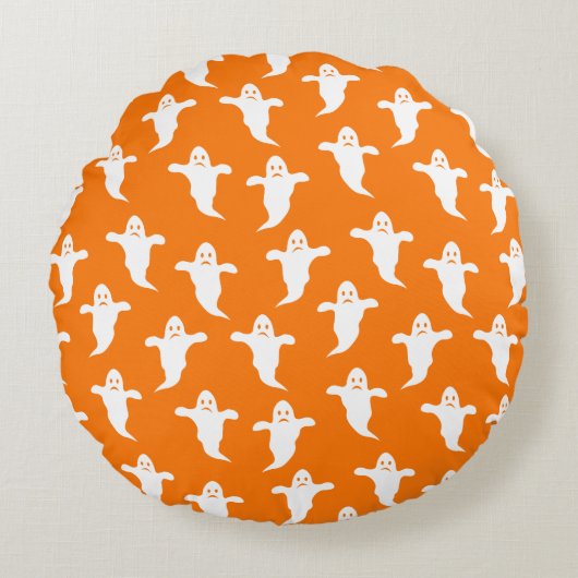 モダンシンプルオレンジと白幽霊ハロウィーン ラウンドクッション (正面)