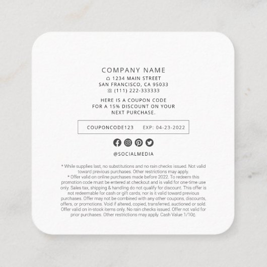 モダンシンプルカスタムBusiness Logoクーポンプロモーション スクエア名刺 (裏面)