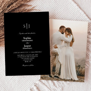 モダンシンプルクラシックブラックモノグラム写真結婚s 招待状