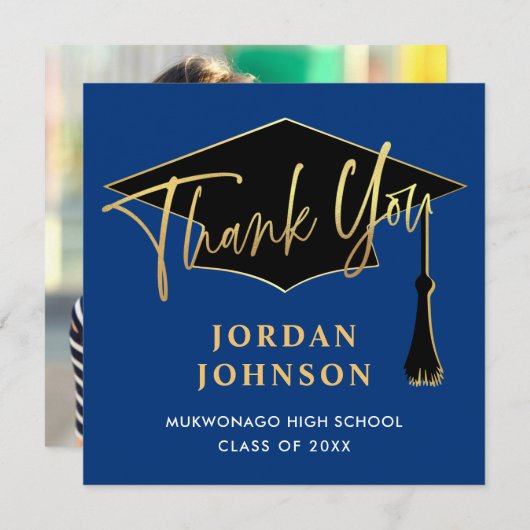 モダンシンプルゴールデンネイビーブルーPHOTO卒業 サンキューカード (正面/裏面)