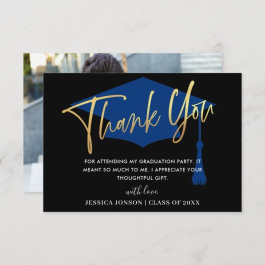 モダンシンプルゴールデンネイビー卒業写真 サンキューカード (正面/裏面)