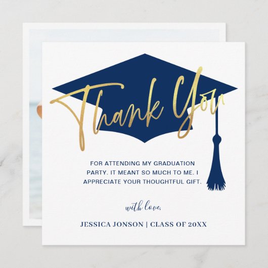 モダンシンプルゴールデンネイビー卒業写真 サンキューカード (正面/裏面)