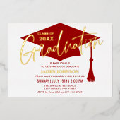 モダンシンプルゴールデンレッド卒業パーティー 箔招待状 (正面)