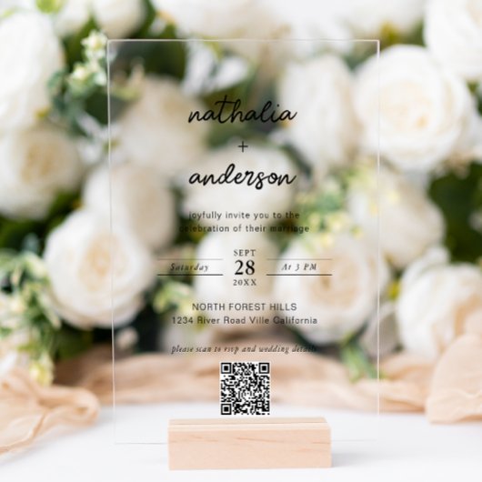 モダンシンプルスクリプトQRコード結婚式 アクリル招待状
