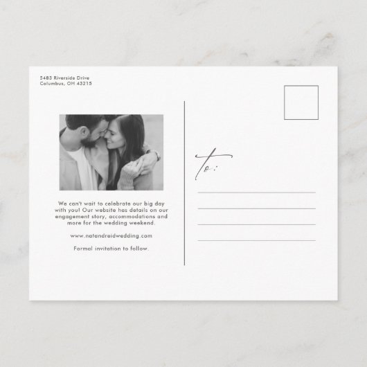 モダンシンプルスタイリッシュ写真の日付を保存 案内ポストカード (裏面)