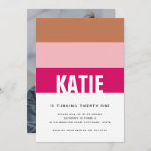 モダンシンプルストライプピンクタン写真21歳 招待状 (正面/裏面)