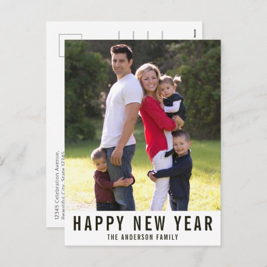 モダンシンプルタイポグラフィHappy New Year写真 シーズンポストカード (正面/裏面)