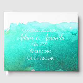 モダンシンプルティール（緑がかった色）ブルー・ウォーター結婚ー・アート ゲストブック