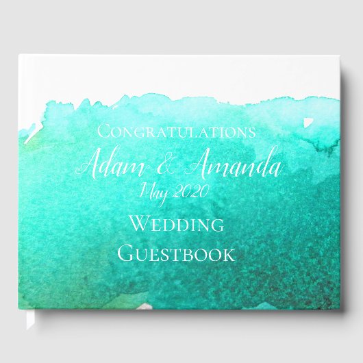 モダンシンプルティール（緑がかった色）ブルー・ウォーター結婚ー・アート ゲストブック (正面)