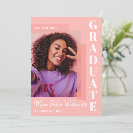 モダンシンプルトレンディー卒業ピンク写真 招待状 (スタンド正面)