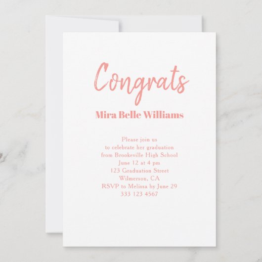 モダンシンプルトレンディー卒業ピンク写真 招待状 (裏面)