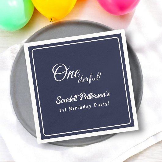 モダンシンプルネイビーブルーエレガントホワイト誕生日 スタンダードカクテルナプキン