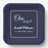 モダンシンプルネイビーブルーエレガントホワイト誕生日 ペーパープレート (正面)