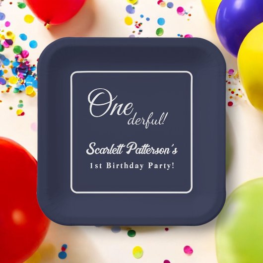 モダンシンプルネイビーブルーエレガントホワイト誕生日 ペーパープレート