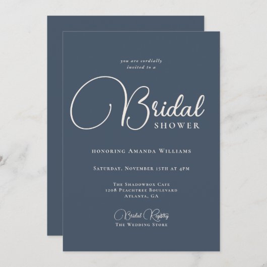 モダンシンプルネイビーブルーブライダルシャワー 招待状 (正面/裏面)