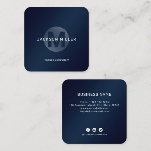 モダンシンプルネイビーブルーモノグラムプロフェッショナル スクエア名刺 (正面/裏面)