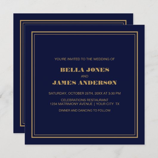 モダンシンプルネイビーブルー金ゴールド結婚ズ 招待状 (正面/裏面)