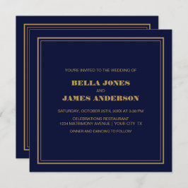 モダンシンプルネイビーブルー金ゴールド結婚ズ 招待状