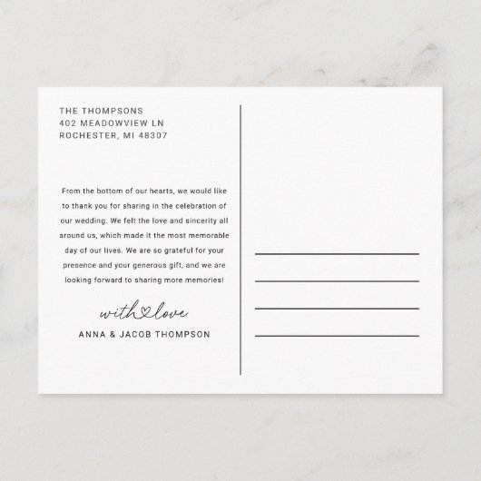 モダンシンプルハートScript結婚の写真ありがとう ポストカード (裏面)