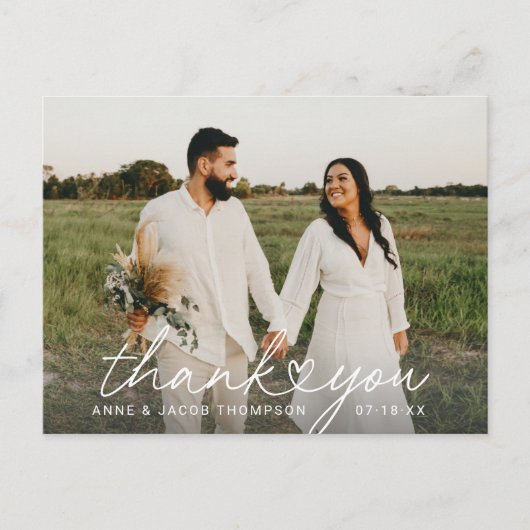 モダンシンプルハートScript結婚の写真ありがとう ポストカード (正面)