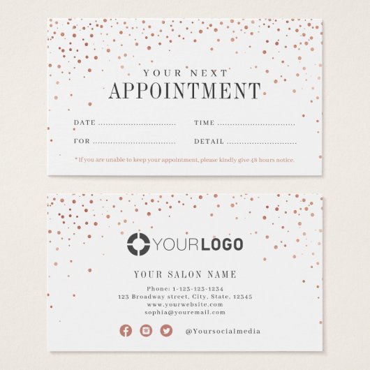 モダンシンプルバラ金ゴールドグリッターアポイントメントカード (正面&裏面)